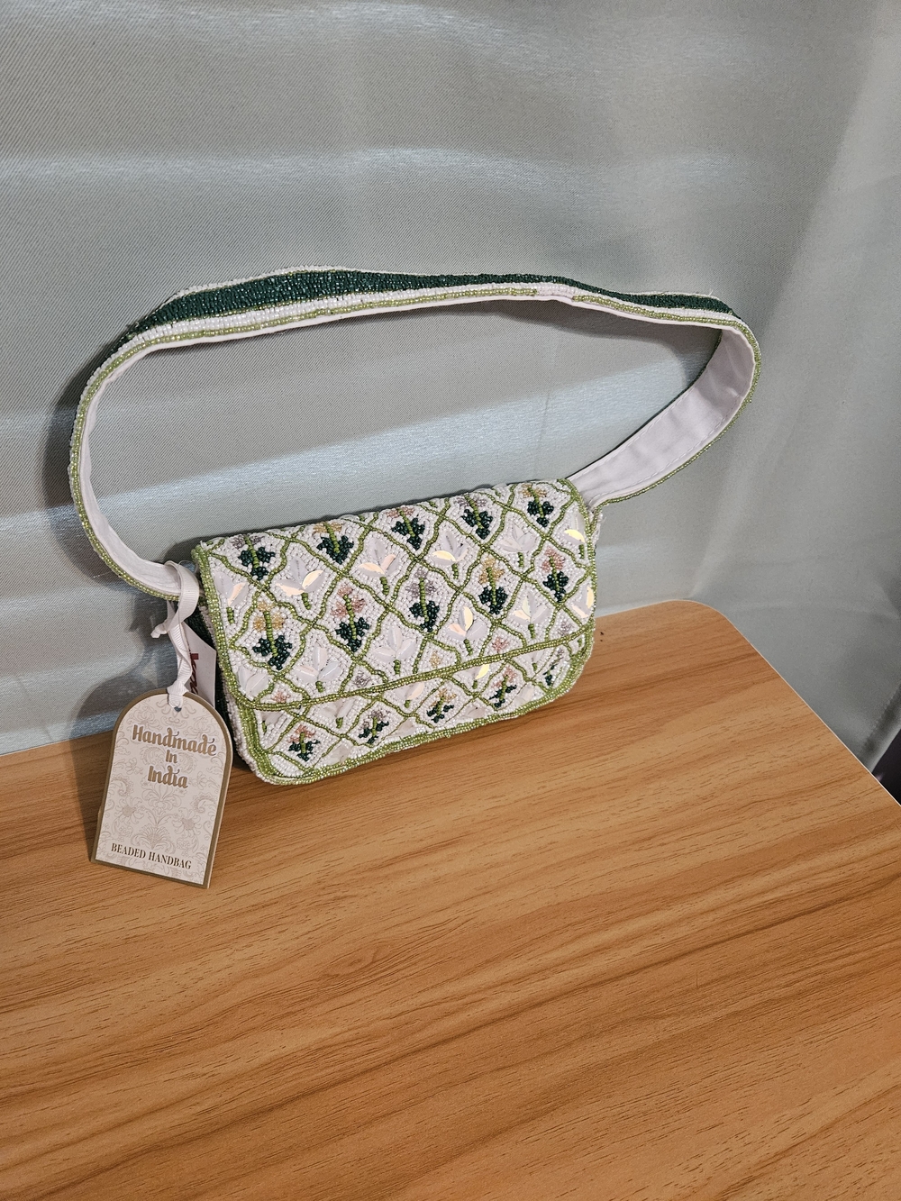 Handmade Green & White Beaded Shoulder Bag